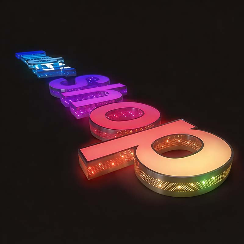 Close-up of illuminated LED letters with even colour output