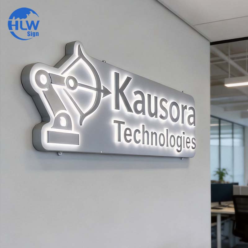 Illuminated office logo sign on a reception wall